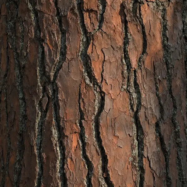 Close view of reddish-brown shortleaf pine bark plates with dark furrows