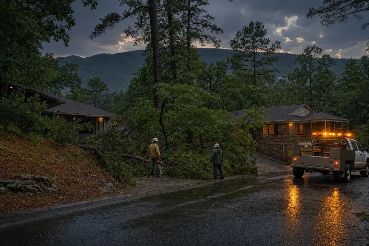 Crew assessing a storm-downed pine limb across a hillside driveway at dusk, amber beacons on