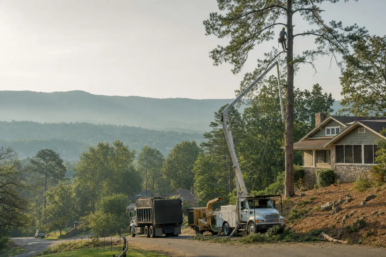Bucket truck and climber working a tall pine over a stone bungalow on a Hot Springs hillside street, Ouachita ridges in the haze behind