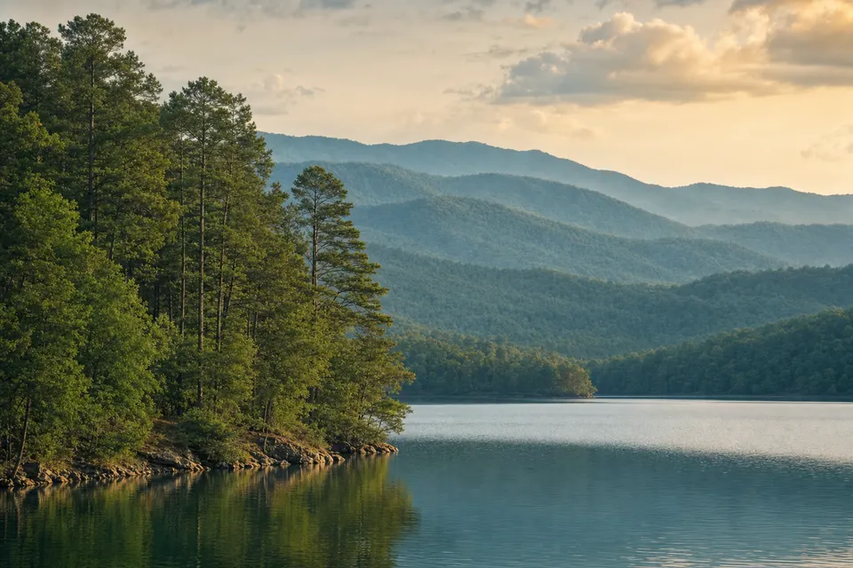 Layered Ouachita ridgelines in blue haze above a pine-lined lake at golden hour